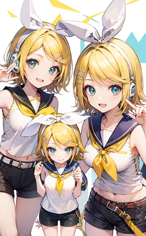 top-quality、super precision、Onegirl、(kagamine_Rin)、Green eyes、Cute s、、White hair ribbon、hair clips、headphones、a blond、a sailor suit、Black shorts、a belt、Yellow neckerchief、Sleeveless、ssmile、High school students、Older sister、white backgrounid big breast 露出肚脐...