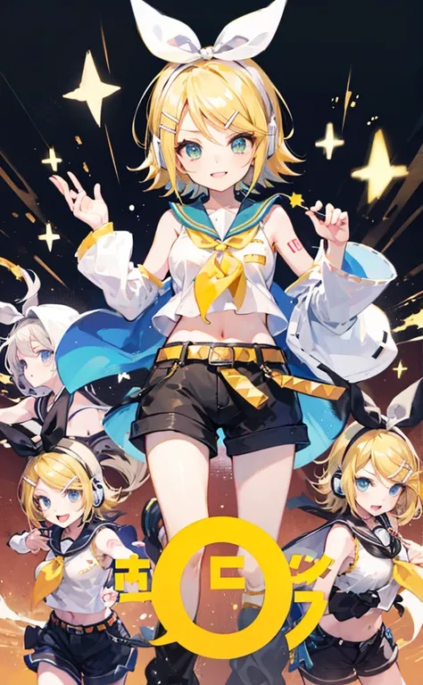 top-quality、super precision、Onegirl、(kagamine_Rin)、Green eyes、Cute s、、White hair ribbon、hair clips、headphones、a blond、a sailor suit、Black shorts、a belt、Yellow neckerchief、Sleeveless、ssmile、High school students、Older sister、white backgrounid big breast 露出肚脐...