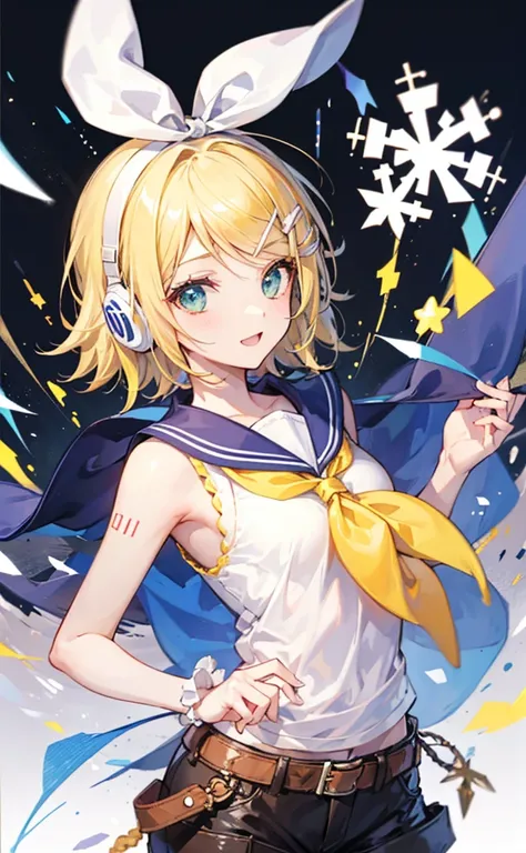 top-quality、super precision、Onegirl、(kagamine_Rin)、Green eyes、Cute s、、White hair ribbon、hair clips、headphones、a blond、a sailor suit、Black shorts、a belt、Yellow neckerchief、Sleeveless、ssmile、High school students、Older sister、white backgrounid small breast 露出...