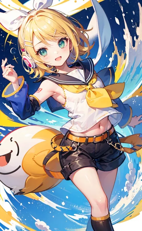 top-quality、super precision、Onegirl、(kagamine_Rin)、Green eyes、Cute s、、White hair ribbon、hair clips、headphones、a blond、a sailor suit、Black shorts、a belt、Yellow neckerchief、Sleeveless、ssmile、High school students、Older sister、white backgrounid small breast 露出...