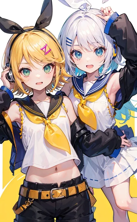 top-quality、super precision、Onegirl、(kagamine_Rin)、Green eyes、Cute s、、White hair ribbon、hair clips、headphones、a blond、a sailor suit、Black shorts、a belt、Yellow neckerchief、Sleeveless、ssmile、High school students、Older sister、white backgrounid small breast 露出...