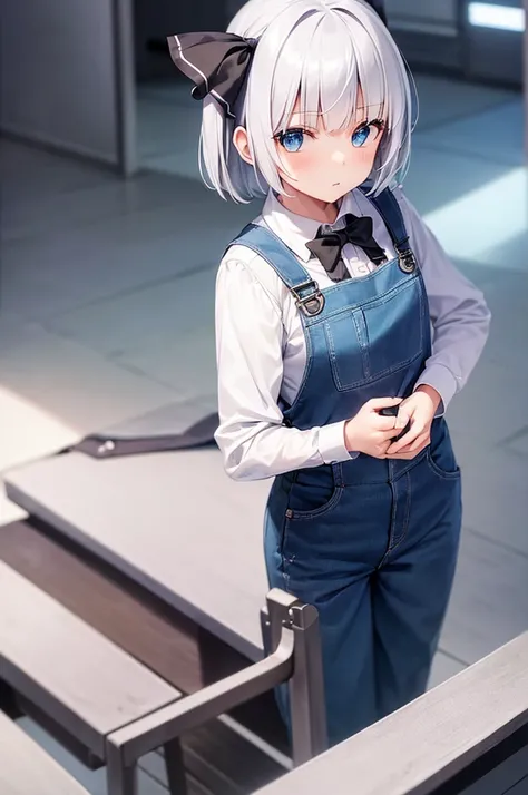 (((best quality))), ((ultra-detailed)), Konpaku Youmu, 1girl, solo, collared shirt, bowtie, bib overalls, blue overalls, (overalls trousers)