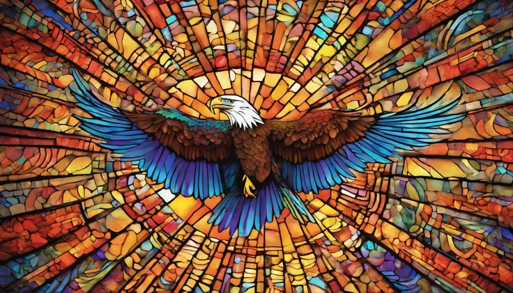 (best quality,4k,8k,highres,masterpiece:1.2),ultra-detailed,(realistic,photorealistic,photo-realistic:1.37),eagle, rising up wings stretched out off fire,illustration,feathers,brilliant colors,bright and vibrant,flames,glowing,looming in the sky,mythical c...