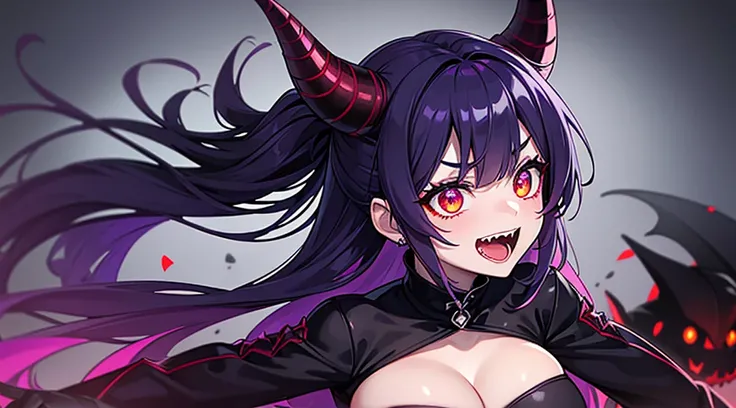 a close up of a devil woman with horns, glowing eyes, excited but crazy about you, swirling pupils, luminescence, vampire teeth, witch, supernatural, ghostly, alternative, hell, spooky Halloween time!, purple and red,