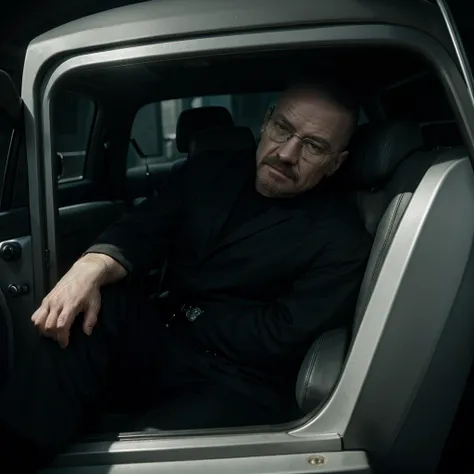 Walter white sitting from breaking bad sitting in a chair wearing  black suit  and with a rayband glass