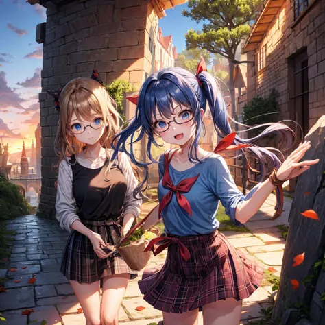 reddish-brown blonde、blue hair、blue eyes、ponytail、one good looking girl、solo、anime、Plaid miniskirt、camisole、black t-shirt、Tilting your face、Doing the ribbon、Ribbon at waist、sunset sky、broken stone steps、Remains、tunnel、Fallen leaves、wearing glasses、Light an...