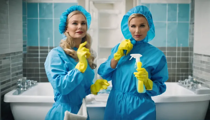 best quality, 2 beautiful blonde women wearing blue cleaning gloves and blue hazmat suit cleaning dirty disgusting bathroom,wet cleaning  gloves