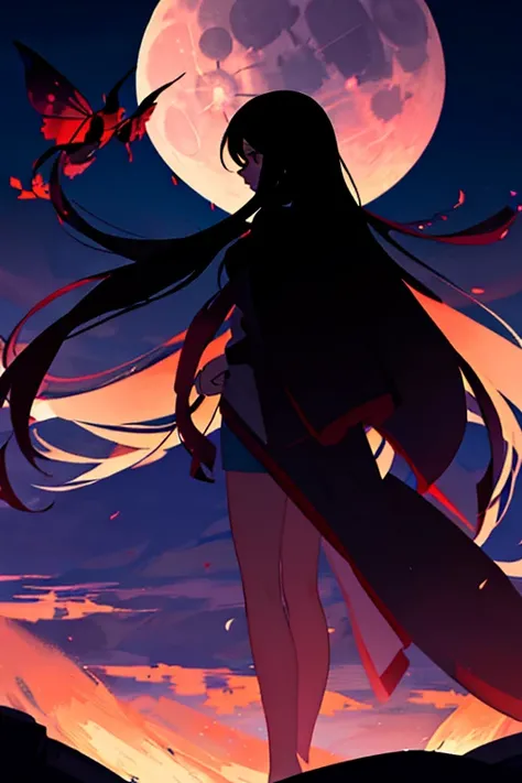 masterpiece, highest quality, night, hill, cloud, full moon, long hair, woman, silhouette, fire Fly.