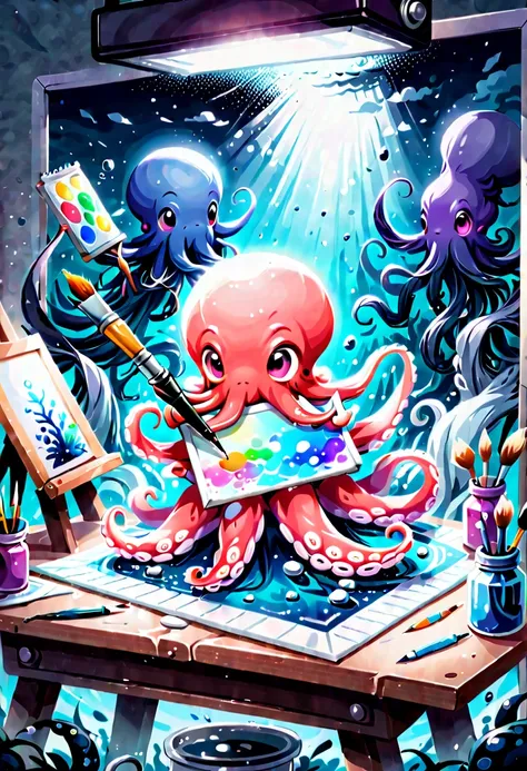 illustrated style and whimsical atmosphere，an underwater world，((1 cute octopus holding a paintbrush and drawing pictures on the...