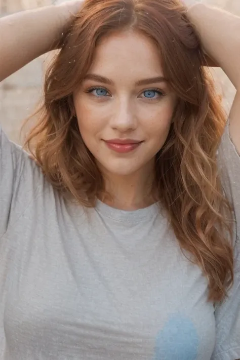 Beautiful 25 year old redhead woman with long wavy hair, symmetrical face,light grey/blue eyes, well detailed eyes,full lips,(lip gloss), smile, slim body, thin T-shirt, masterpiece,solo