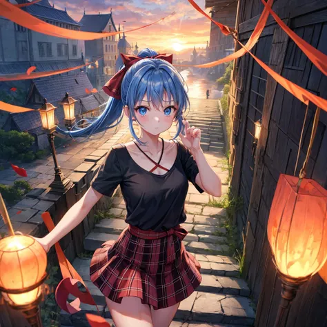 reddish-brown blonde、blue hair、blue eyes、ponytail、one good looking girl、solo、anime、Plaid miniskirt、camisole、black t-shirt、Tilting your face、Doing the ribbon、Ribbon at waist、sunset sky、broken stone steps、Remains、tunnel、Fallen leaves、Light and shadow、monster...