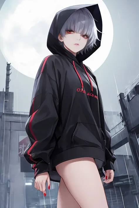 moon, highest quality, Learn more, masterpiece, kaneki ken, portrait, Beauty, red eyes, alone, bangs, looking at the viewer, hood, short hair, rain, Tokyo Tokyo (city),  hood up, nail polish, gray hair, Gorgeous, 8K, be familiar with, ray tracing, Depth of...