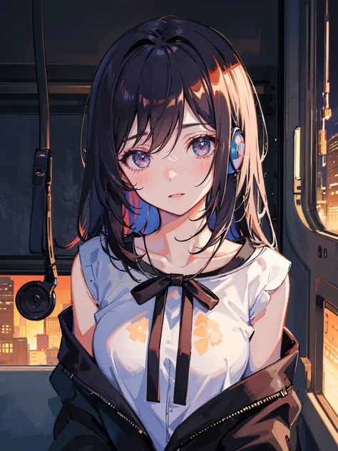 cute girl in the train, in love, vivid eyes, alone, with headphones, sunset, gorgeous, loose clothes, messy hair, digital art, masterpiece, high details, intricate, perfect face, traced lights, peace