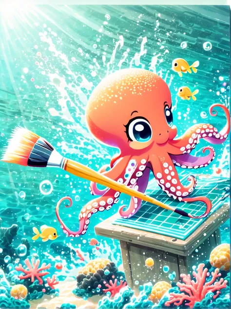 illustrated style and whimsical atmosphere，an underwater world，((1 cute octopus holding a paintbrush and drawing pictures on the...