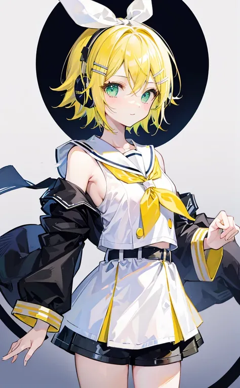 top-quality、super precision、Onegirl、(kagamine_Rin)、Green eyes、Cute s、Shorthair、White hair ribbon、hair clips、headphones、a blond、a sailor suit、Black shorts、a belt、Yellow neckerchief、Sleeveless、ssmile、High school students、Older sister、white backgrounid big br...