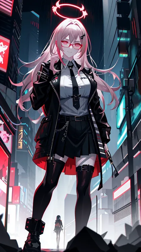 A highly detailed portrait of a solo 1girl standing on a street corner, during a rainstorm with lightning strikes and a cloudy sky, neon and cyberpunk background, she is wearing punk clothes with silver chains and silver spikes, wearing glasses, Big breast...