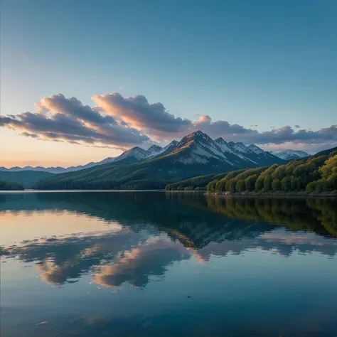 (maximum quality image, masterpiece), detailed landscape, tranquil lake (reflecting the vibrant sky at dusk),nuances of colors,quiet.