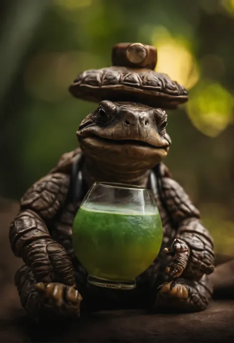 The turtle smokes a hookah and drinks kumiss