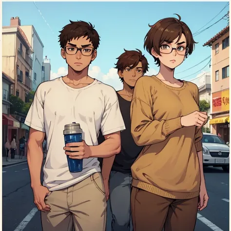 very short hair, brown hair, light skin, 1 boy, man, average physique, short hair, beige eyes, short eyebrows, very short eyebrows, thick eyebrows, casual clothing, glasses, young, anime