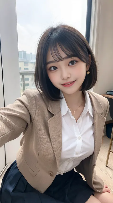 black hair, 17 years old, slender and busty body, short bob cut, aqua eyes,Show your teeth and smile, blush stickers, whole body, younger sister girl, round face, slightly puffed cheeks, Hinano Himeno, eyebrows downward, light blush, Double eyelids, Peekin...