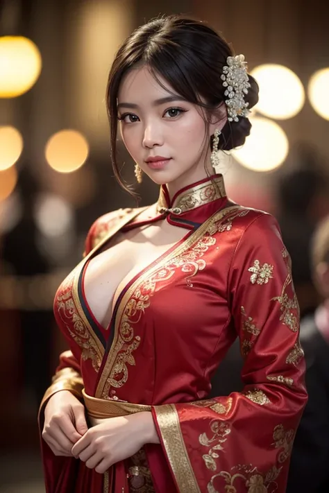 wide angle photography shot by Nikon-z9, (50mm lens, f/1.4, ISO 100), A woman model wears a Mandarin gown red color, celebrate the Chinese New Year, (RAW photo:1.2), (photorealistic:1.4), (masterpiece:1.2), (intricate detailed), (best quality:1.2), (profes...