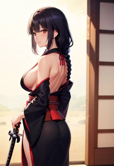 (((highest quality, masterpiece,Like Japan cartoons))), (red eyes,samurai girl),black hair,The back of the head is braided,medium breasts,cleavage,side boob,black kimono,broken kimono,Japan have a sword,Yoto Muramasa,closed mouth,1 girl