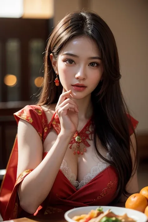 wide angle photography shot by Nikon-z9, (50mm lens, f/1.4, ISO 100), A woman model wears a Mandarin gown red color, celebrate the Chinese New Year, On the table there is an offering of food to celebrate the Chinese New Year, (RAW photo:1.2), (photorealist...