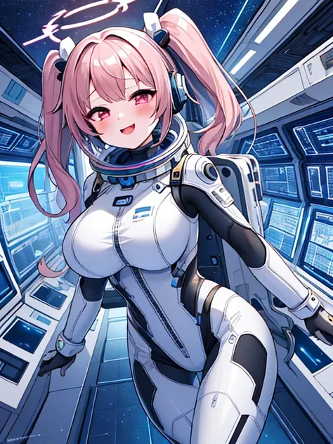 very detailed、masterpiece、high quality、one high school girl、12 years old、、(Black and white spacesuit、accent)、helmet,front zipper、(futuristic, Tight Fit Bodysuit)、headphone、Cyberpunk space station interior background、(colorful golden hair),ロングtwin tails, (p...