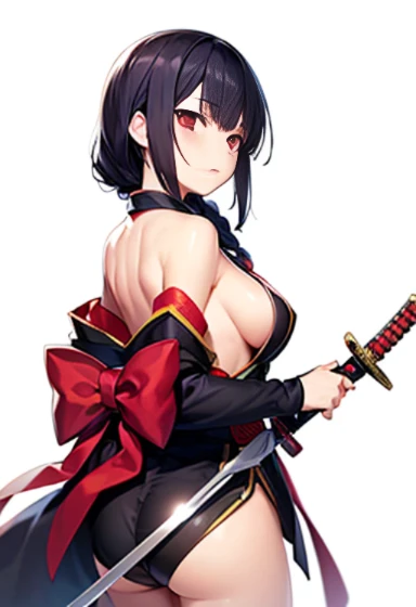 (((highest quality, masterpiece,Like Japan cartoons))), (red eyes,samurai girl),black hair,The back of the head is braided,medium breasts,cleavage,side boob,black kimono,broken kimono,Japan have a sword,Yoto Muramasa,closed mouth,1 girl