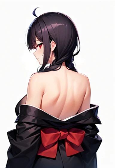 (((highest quality, masterpiece,Like Japan cartoons))), (red eyes,samurai girl),black hair,The back of the head is braided,medium breasts,cleavage,side boob,black kimono,broken kimono,Japan have a sword,Yoto Muramasa,closed mouth,1 girl