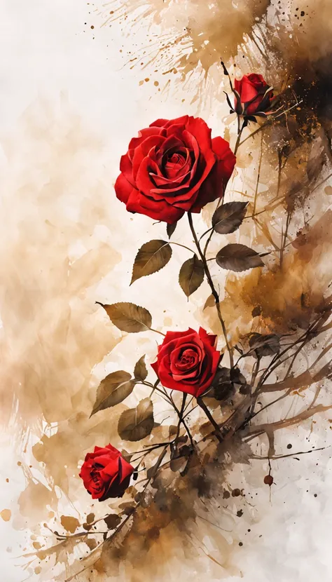 isolated on white background(Red rose)watercolor flower painting、watercolor painting、Splash technology recreates the mud atmosphere in wet environments、unique ingredients、Abstract representation、Contains surreal elements、light tone.Light and gold color sch...