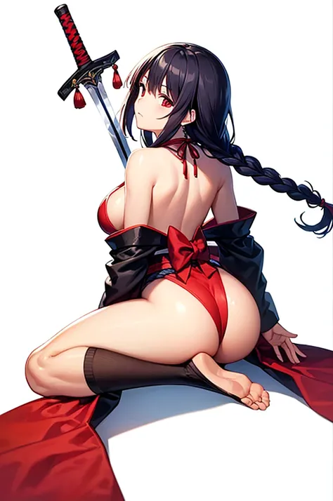 (((highest quality, masterpiece,Like Japan cartoons))), (red eyes,samurai girl),black hair,The back of the head is braided,medium breasts,cleavage,side boob,black kimono,broken kimono,Japan have a sword,Yoto Muramasa,closed mouth,1 girl