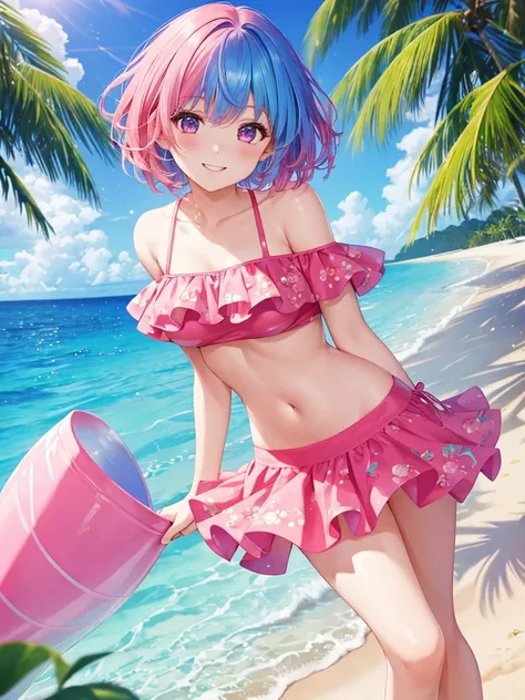 Again:zero,2 girls,(one girl:Againm,blue hair, short hair),(Other Girls:room,pink hair, short hair) ,Big breasts standing on a tropical beach in the Maldives。Sparkling, colorful, Floral, (She wears an off-shoulder bikini and a short flared skirt.), smile a...