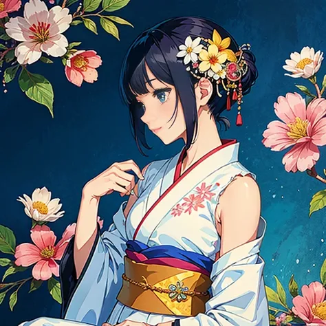 Amidst the vibrant Japanese pattern background of flowing flowers, the solitary girl with short hair sat contently. Her smile was radiant, accompanied by bangs framing her blue eyes. A decorative hair ornament adorned the top of her blue Lockes, complement...