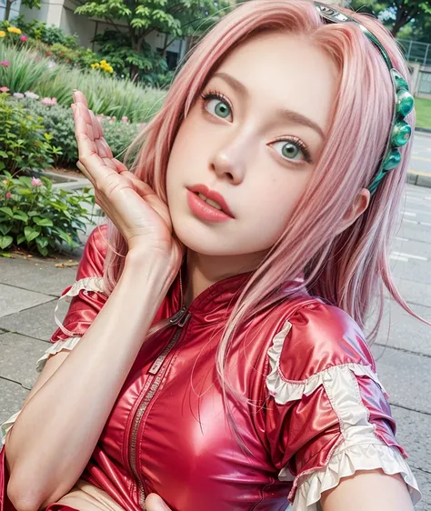 young woman, bubblegum pink hair, wide forehead, emerald green eyes, upturned nose, freckles on nose, thick pink lips, heart-shaped face, red clothes, Sakura Haruno, realism, well detailed, 3d