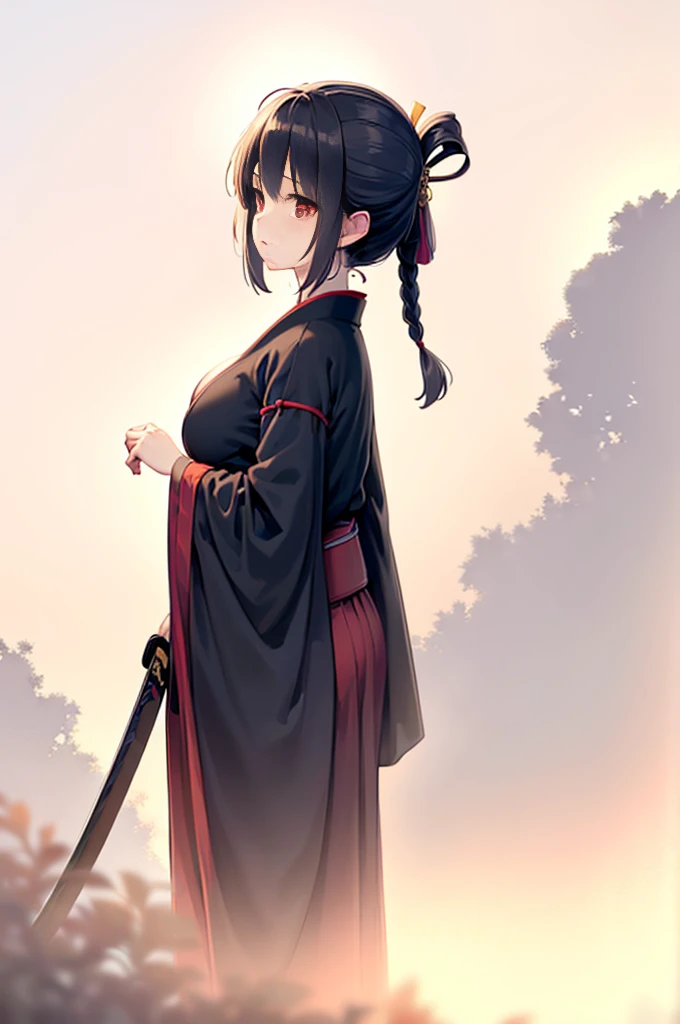 (((highest quality, masterpiece,Like Japan cartoons))), (red eyes,samurai girl),black hair,The back of the head is braided,medium breasts,cleavage,side boob,black kimono,broken kimono,Japan have a sword,Yoto Muramasa,closed mouth,1 girl