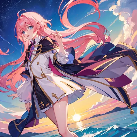 1boy, magical, long hair, pink hair, blue eyes, idol costume, ahoge, sunset, night view, starry sky, blue sky