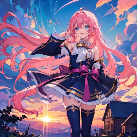 1boy, magical, long hair, pink hair, blue eyes, idol costume, ahoge, sunset, night view, starry sky, blue sky