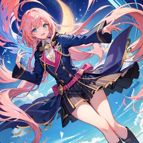 1boy, magical, long hair, pink hair, blue eyes, idol costume, ahoge, sunset, night view, starry sky, blue sky