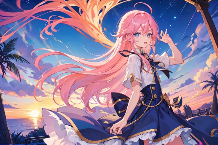 1boy, magical, long hair, pink hair, blue eyes, idol costume, ahoge, sunset, night view, starry sky, blue sky