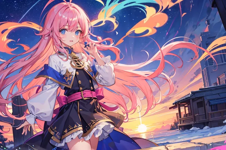 1boy, magical, long hair, pink hair, blue eyes, idol costume, ahoge, sunset, night view, starry sky, blue sky