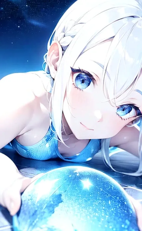 1 girl, close up, Shoulder focus, Lie on the ground，Starry sky skin，White hair，empty，avatar