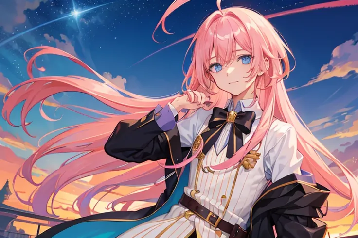 1boy, magical, long hair, pink hair, blue eyes, idol costume, ahoge, sunset, night view, starry sky, blue sky