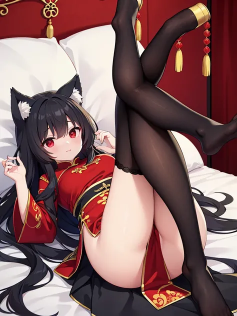 (best quality), (masterpiece), black hair, wolf ears, red eyes, chinese dress, emphasize the legs