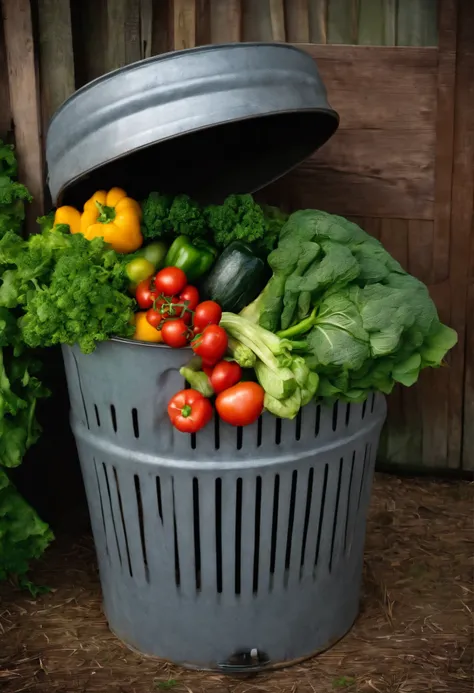 A trash can full of vegetables