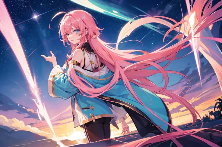 1boy, magical, long hair, pink hair, blue eyes, idol costume, ahoge, sunset, night view, starry sky, blue sky