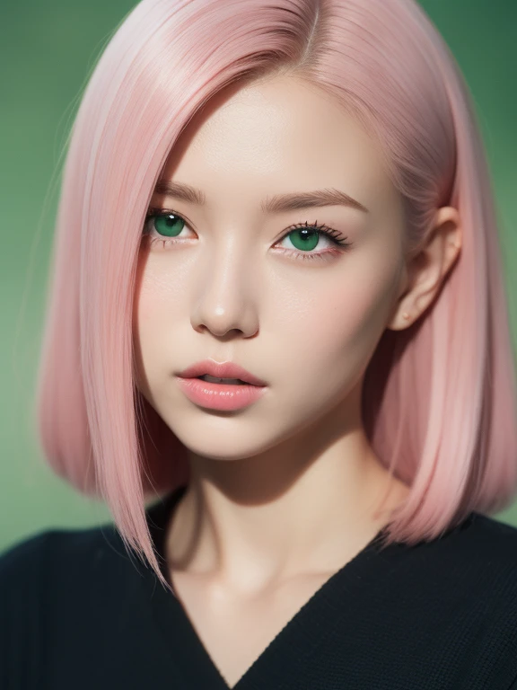 young woman, long bubblegum pink hair, wide forehead, emerald green eyes, upturned nose, thick pink lips, heart-shaped face, black dress, slender, Sakura Haruno, realism, well detailed, 3d