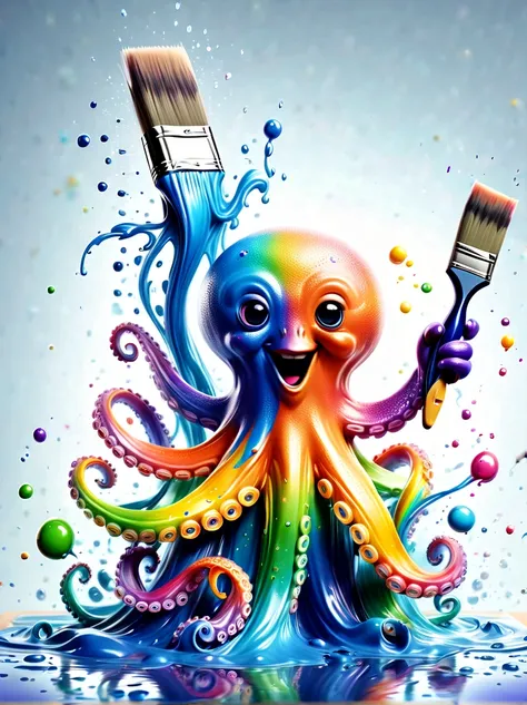 whimsical vibe，an underwater world，((1 cute octopus holding a paintbrush and drawing pictures on the drawing board:1.5))，((ink p...