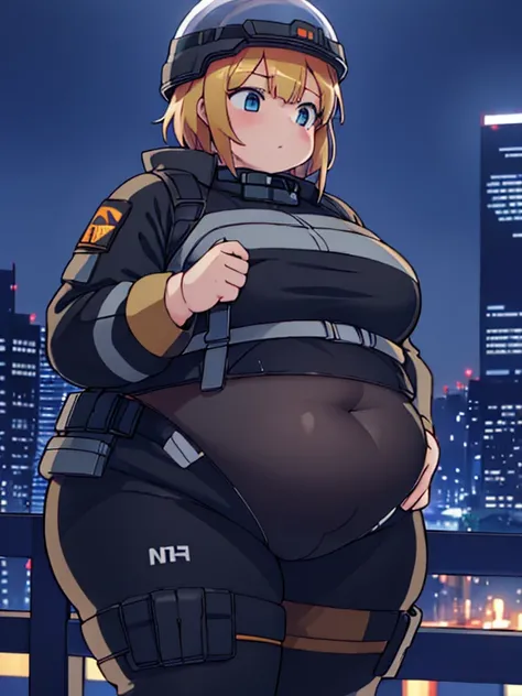 Massively obese orange tactical soldier girl, fat rolls, short hair, dark hair, (obese belly):1.5, (obese thighs):1.3, (transparent bodysuit):1.3, pudgy, tired, sleepy, (soldier helmet):1.2 extremely chubby,  BREAK cityscape, Smokey sky, night sky