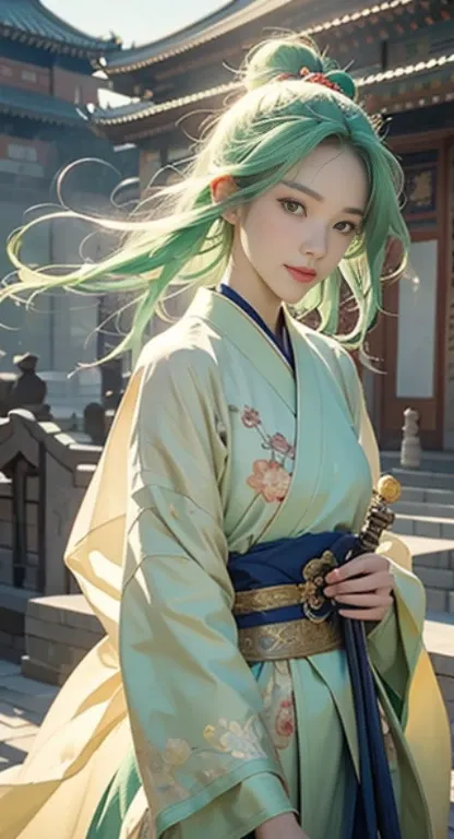 highly detailed artwork, Tall character, Drawing style with alcohol ink, Stand out with gold highlights... The subject is a Chinese female warrior with long-standing skills., flowing pastel green hair, looking at camera, Bright skin, and wore a beautiful p...